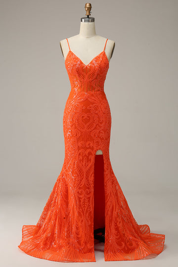 Sirena Tirantes de Espagueti Naranja Vestido de Fiesta